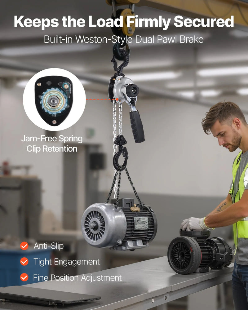 VEVOR manuālais sviras ķēdes pacēlājs, 0,5 t (500 kg) celtspēja, smagslodzes pacēlājs ar 3 m celšanas augstumu, G80 sakausējuma tērauda ķēdi un dubultā suņa mehānisko bremzi, 360° rotējošiem āķiem, piemērots noliktavām, būvniecībai un garāžām