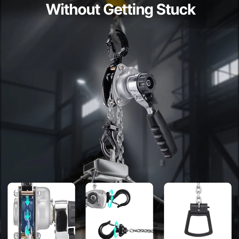 VEVOR manuālais sviras ķēdes pacēlājs, 0,5 t (500 kg) celtspēja, smagslodzes pacēlājs ar 3 m celšanas augstumu, G80 sakausējuma tērauda ķēdi un dubultā suņa mehānisko bremzi, 360° rotējošiem āķiem, piemērots noliktavām, būvniecībai un garāžām