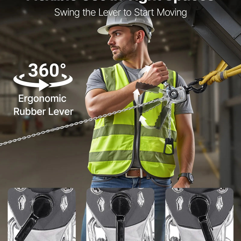 VEVOR manuālais sviras ķēdes pacēlājs, 0,5 t (500 kg) celtspēja, smagslodzes pacēlājs ar 3 m celšanas augstumu, G80 sakausējuma tērauda ķēdi un dubultā suņa mehānisko bremzi, 360° rotējošiem āķiem, piemērots noliktavām, būvniecībai un garāžām