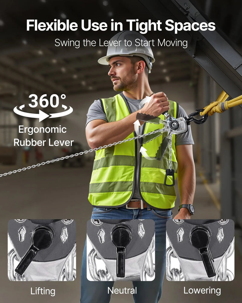 VEVOR manuālais sviras ķēdes pacēlājs, 0,5 t (500 kg) celtspēja, smagslodzes pacēlājs ar 3 m celšanas augstumu, G80 sakausējuma tērauda ķēdi un dubultā suņa mehānisko bremzi, 360° rotējošiem āķiem, piemērots noliktavām, būvniecībai un garāžām