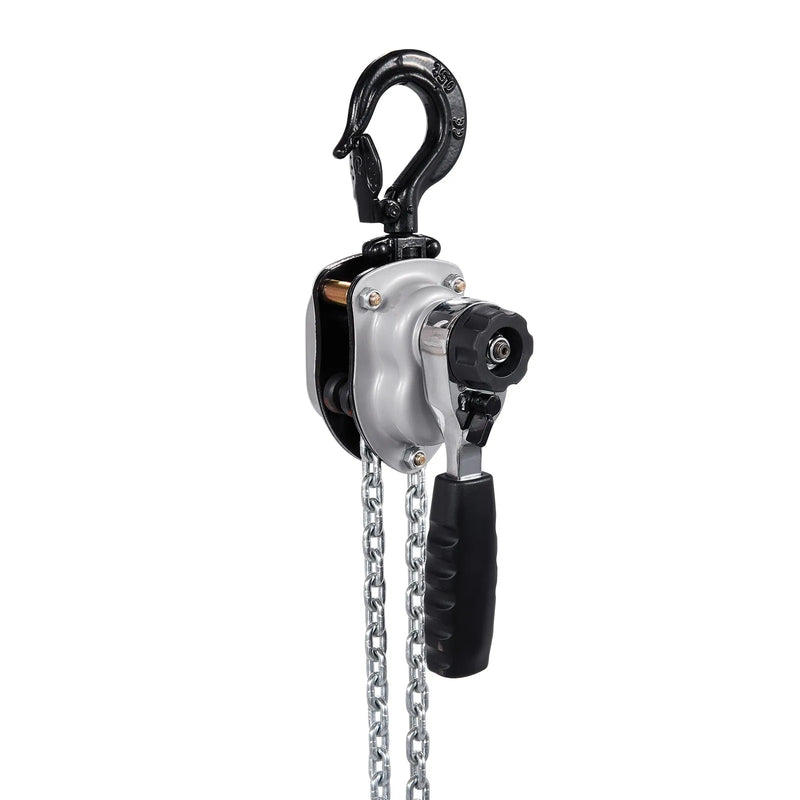 VEVOR rokas sviras ķēdes pacēlājs, 250 kg kravnesība, 1,5 m pacelšanas augstums, G80 sakausējuma tērauda ķēde ar dubultklikšķa mehānisko bremzi un 360° rotējošiem āķiem, paredzēts noliktavām, būvniecībai un garāžām