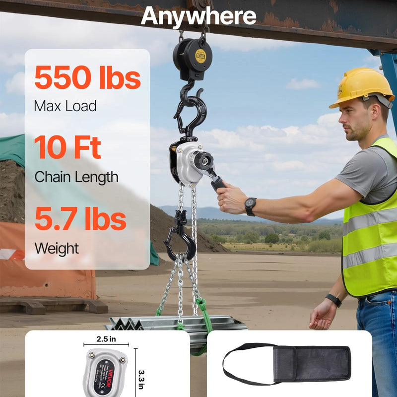 VEVOR manuālais sviras ķēdes pacēlājs, 0,25 t (250 kg) celtspēja, 3 m celšanas augstums, G80 sakausējuma tērauda ķēde ar dubultā suņa bremzi un 360° rotējošiem āķiem, piemērots noliktavām, būvniecībai un garāžām