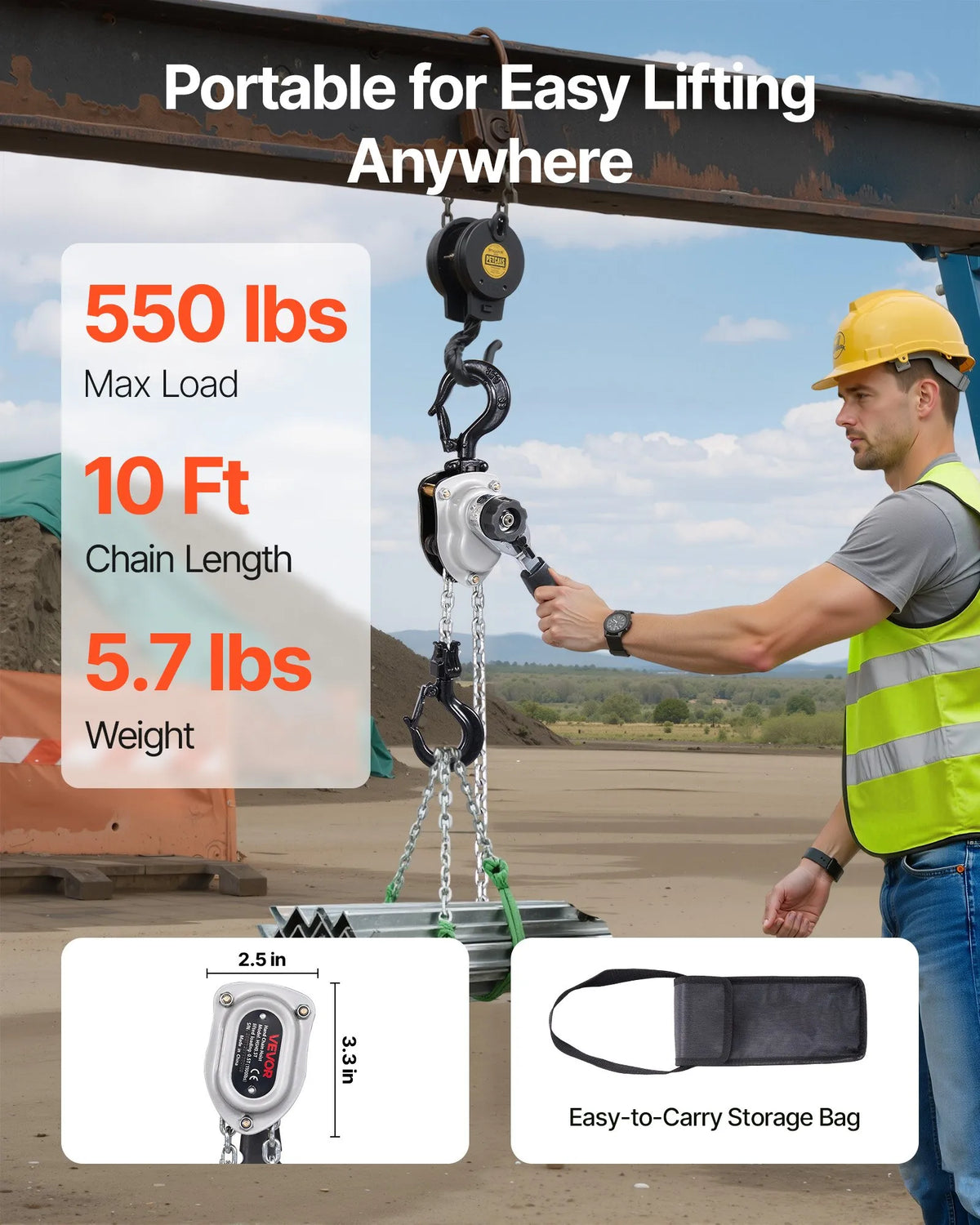 VEVOR Manual Lever Chain Hoist, 0.25 t (250 kg) Lifting Capacity, 3 m Lifting Height, G80 Alloy Steel Chain with Dual Dog Brake and 360° Swivel Hooks, Suitable for Warehouses, Construction and Garages