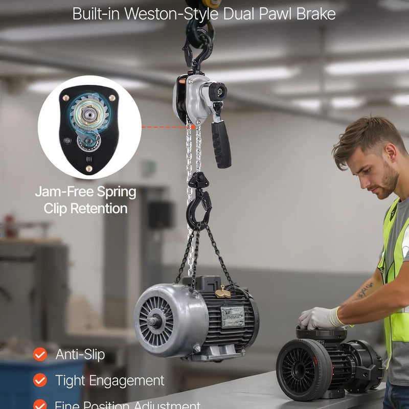 VEVOR manuālais sviras ķēdes pacēlājs, 0,25 t (250 kg) celtspēja, 3 m celšanas augstums, G80 sakausējuma tērauda ķēde ar dubultā suņa bremzi un 360° rotējošiem āķiem, piemērots noliktavām, būvniecībai un garāžām
