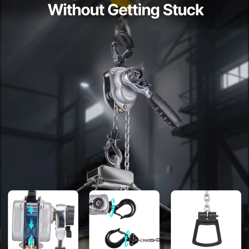 VEVOR manuālais sviras ķēdes pacēlājs, 0,25 t (250 kg) celtspēja, 3 m celšanas augstums, G80 sakausējuma tērauda ķēde ar dubultā suņa bremzi un 360° rotējošiem āķiem, piemērots noliktavām, būvniecībai un garāžām