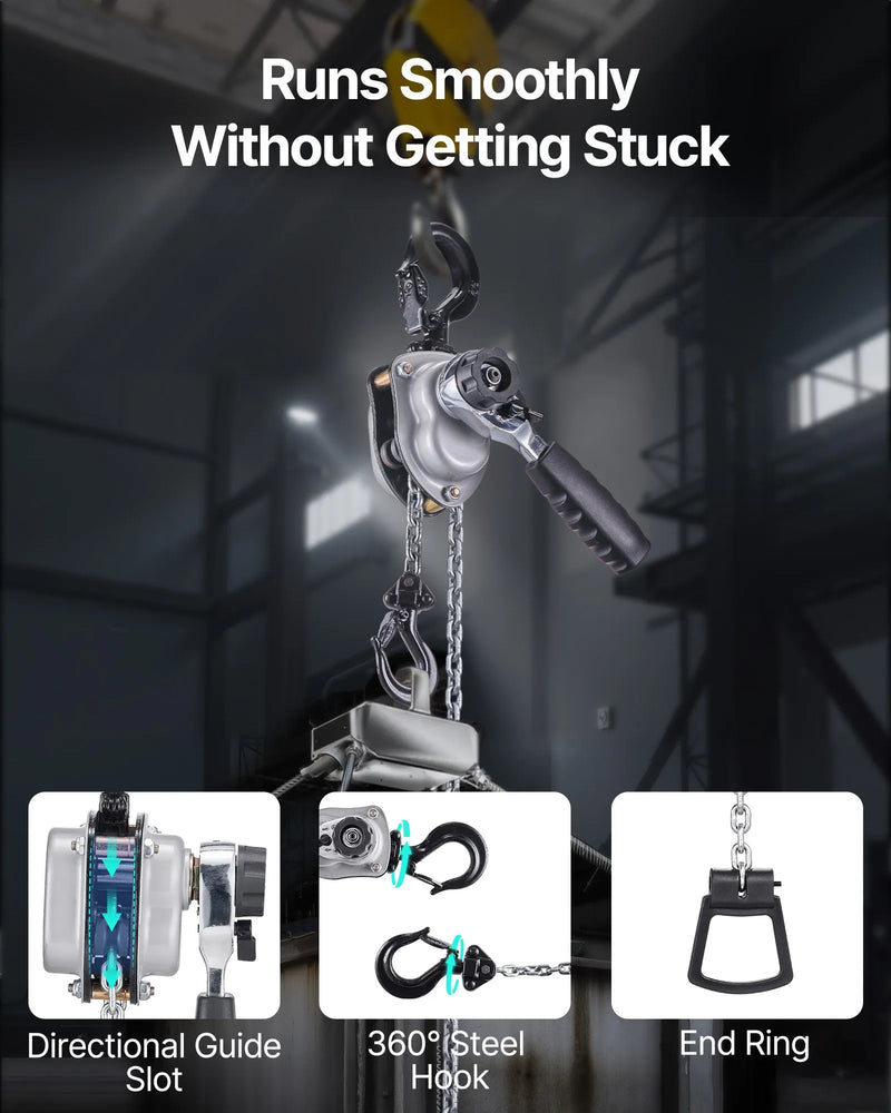 VEVOR manuālais sviras ķēdes pacēlājs, 0,25 t (250 kg) celtspēja, 3 m celšanas augstums, G80 sakausējuma tērauda ķēde ar dubultā suņa bremzi un 360° rotējošiem āķiem, piemērots noliktavām, būvniecībai un garāžām