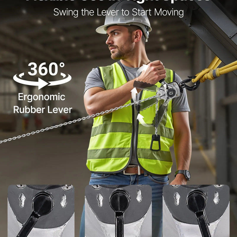 VEVOR manuālais sviras ķēdes pacēlājs, 0,25 t (250 kg) celtspēja, 3 m celšanas augstums, G80 sakausējuma tērauda ķēde ar dubultā suņa bremzi un 360° rotējošiem āķiem, piemērots noliktavām, būvniecībai un garāžām