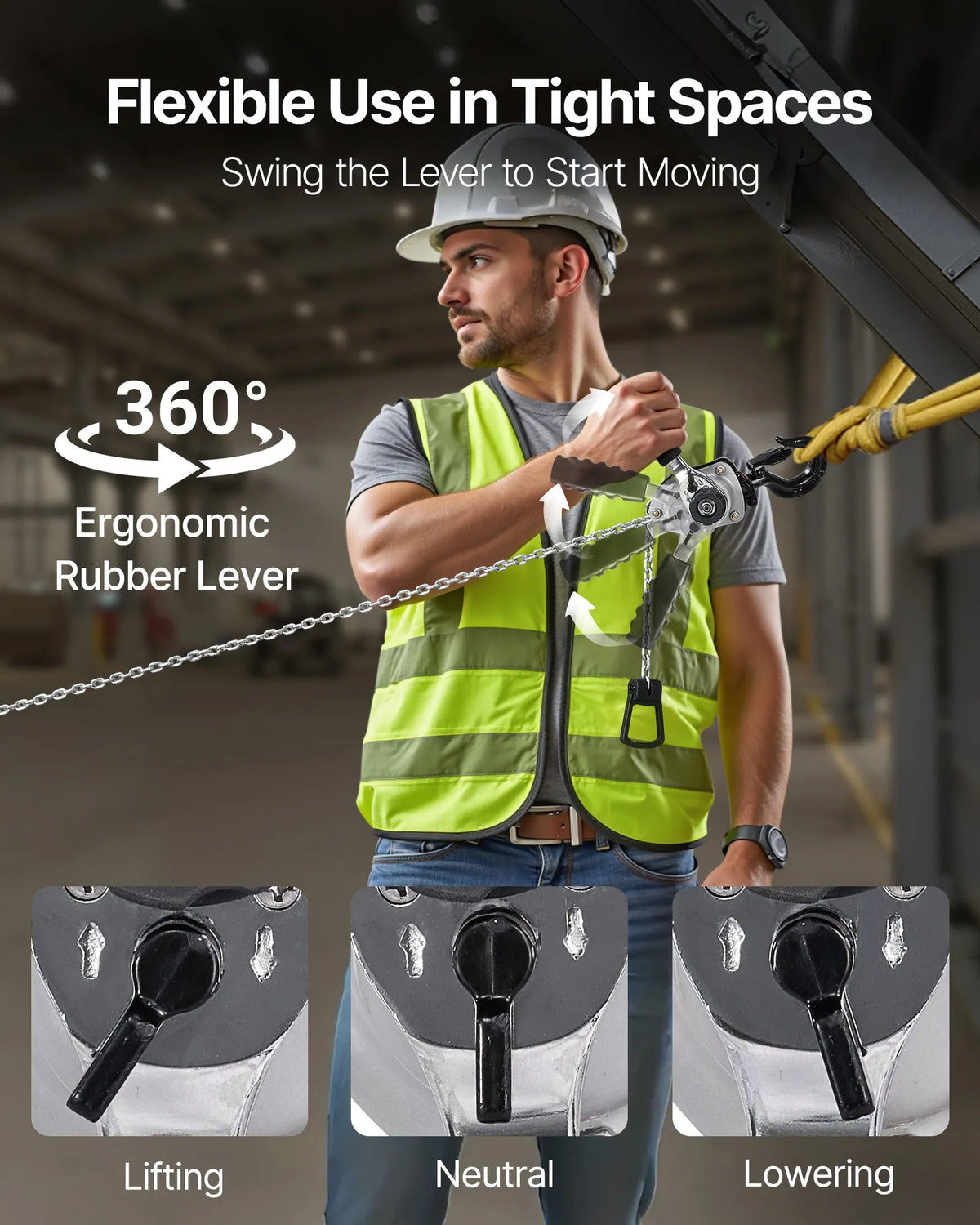VEVOR Manual Lever Chain Hoist, 0.25 t (250 kg) Lifting Capacity, 3 m Lifting Height, G80 Alloy Steel Chain with Dual Dog Brake and 360° Swivel Hooks, Suitable for Warehouses, Construction and Garages