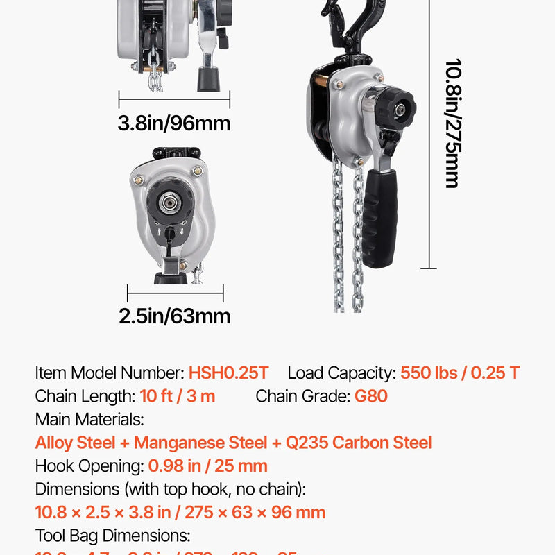 VEVOR manuālais sviras ķēdes pacēlājs, 0,25 t (250 kg) celtspēja, 3 m celšanas augstums, G80 sakausējuma tērauda ķēde ar dubultā suņa bremzi un 360° rotējošiem āķiem, piemērots noliktavām, būvniecībai un garāžām
