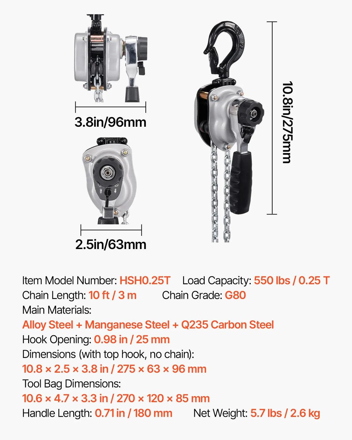 VEVOR Manual Lever Chain Hoist, 0.25 t (250 kg) Lifting Capacity, 3 m Lifting Height, G80 Alloy Steel Chain with Dual Dog Brake and 360° Swivel Hooks, Suitable for Warehouses, Construction and Garages