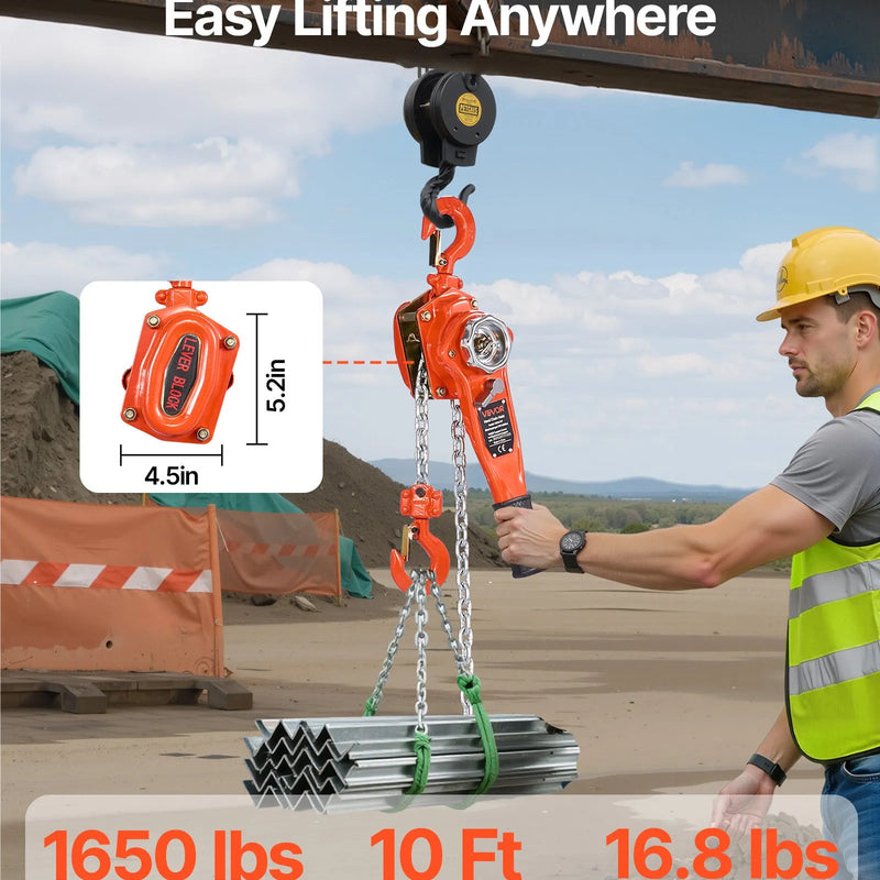 VEVOR manuālais sviras ķēdes pacēlājs, 0,75 t (750 kg) celtspēja, 3 m celšanas augstums, G80 sakausējuma tērauda ķēde ar dubultā suņa bremzi un 360° rotējošiem āķiem, piemērots noliktavām, būvniecībai un garāžām