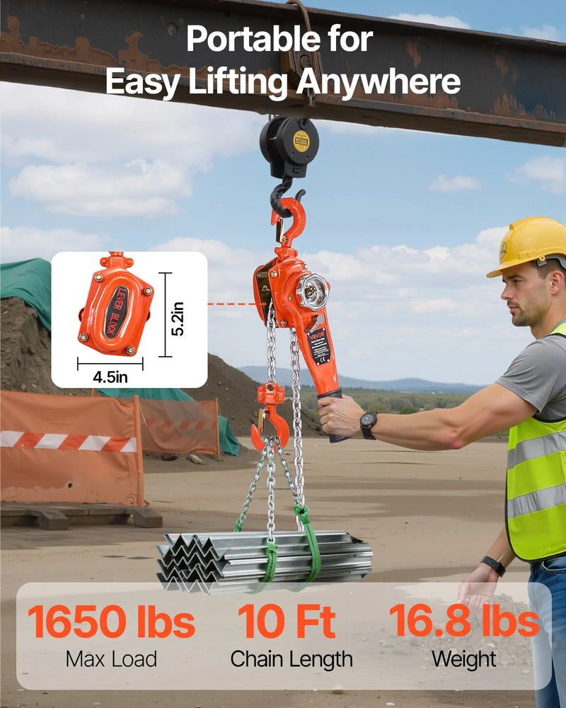 VEVOR manuālais sviras ķēdes pacēlājs, 0,75 t (750 kg) celtspēja, 3 m celšanas augstums, G80 sakausējuma tērauda ķēde ar dubultā suņa bremzi un 360° rotējošiem āķiem, piemērots noliktavām, būvniecībai un garāžām