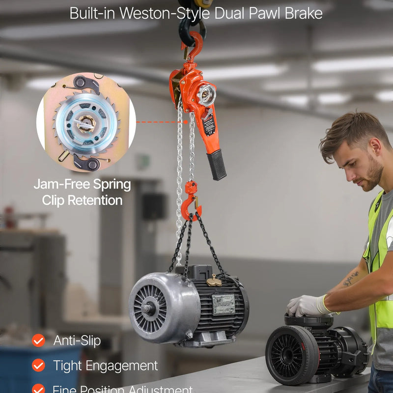 VEVOR manuālais sviras ķēdes pacēlājs, 0,75 t (750 kg) celtspēja, 3 m celšanas augstums, G80 sakausējuma tērauda ķēde ar dubultā suņa bremzi un 360° rotējošiem āķiem, piemērots noliktavām, būvniecībai un garāžām