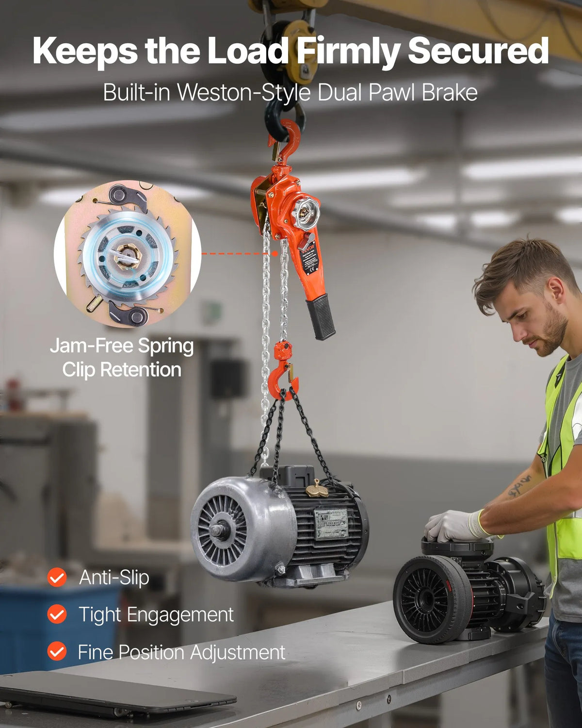 VEVOR Manual Lever Chain Hoist, 0.75 t (750 kg) Lifting Capacity, 3 m Lifting Height, G80 Alloy Steel Chain with Dual Dog Brake and 360° Swivel Hooks, Suitable for Warehouses, Construction and Garages