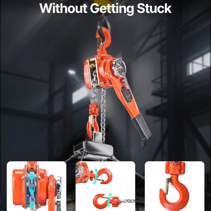 VEVOR manuālais sviras ķēdes pacēlājs, 0,75 t (750 kg) celtspēja, 3 m celšanas augstums, G80 sakausējuma tērauda ķēde ar dubultā suņa bremzi un 360° rotējošiem āķiem, piemērots noliktavām, būvniecībai un garāžām