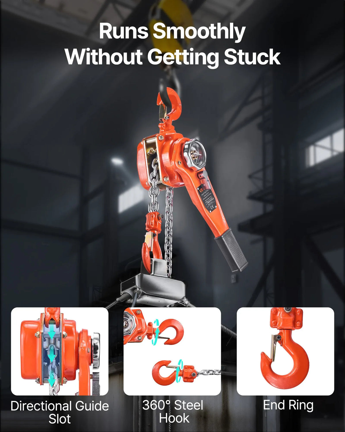 VEVOR Manual Lever Chain Hoist, 0.75 t (750 kg) Lifting Capacity, 3 m Lifting Height, G80 Alloy Steel Chain with Dual Dog Brake and 360° Swivel Hooks, Suitable for Warehouses, Construction and Garages