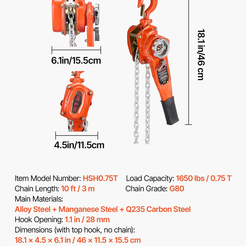 VEVOR manuālais sviras ķēdes pacēlājs, 0,75 t (750 kg) celtspēja, 3 m celšanas augstums, G80 sakausējuma tērauda ķēde ar dubultā suņa bremzi un 360° rotējošiem āķiem, piemērots noliktavām, būvniecībai un garāžām