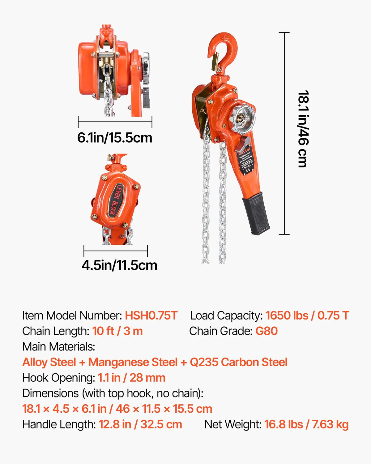 VEVOR Manual Lever Chain Hoist, 0.75 t (750 kg) Lifting Capacity, 3 m Lifting Height, G80 Alloy Steel Chain with Dual Dog Brake and 360° Swivel Hooks, Suitable for Warehouses, Construction and Garages