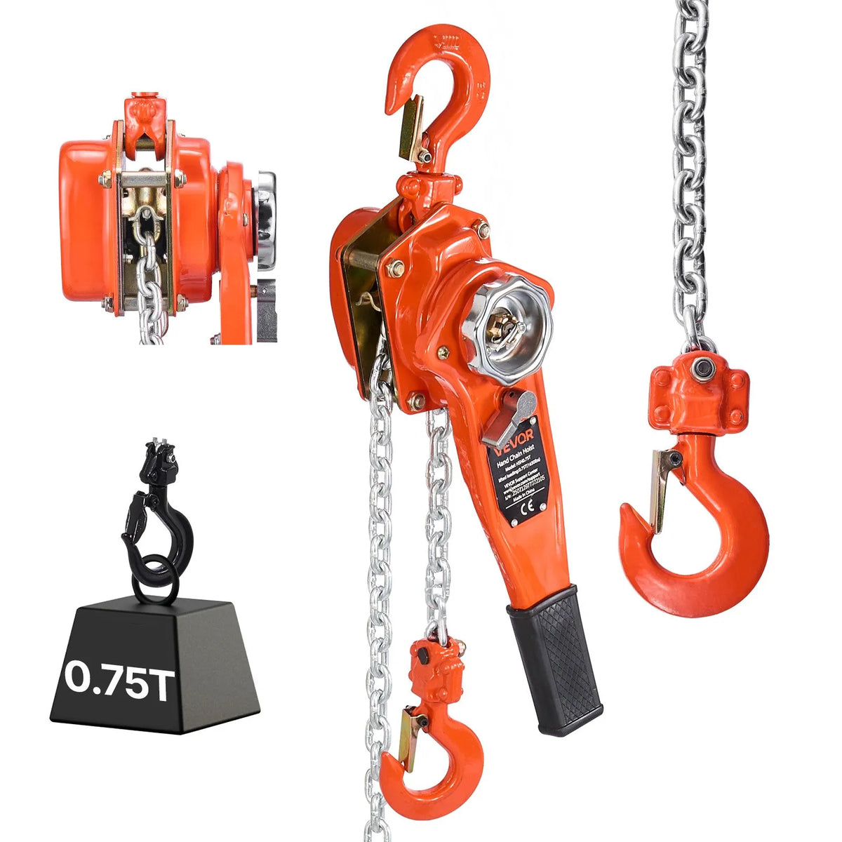 VEVOR Manual Lever Chain Hoist, 0.75 t (750 kg) Lifting Capacity, 1.5 m Lifting Height, G80 Alloy Steel Chain with Dual Dog Brake and 360° Swivel Hooks, Suitable for Warehouses, Construction and Garages