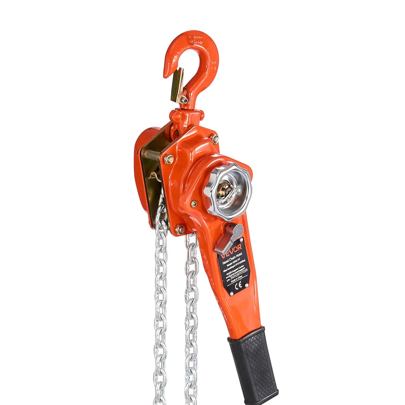 VEVOR manuālais sviras ķēdes pacēlājs, 0,75 t (750 kg) celtspēja, 1,5 m celšanas augstums, G80 sakausējuma tērauda ķēde ar dubultā suņa bremzi un 360° rotējošiem āķiem, piemērots noliktavām, būvniecībai un garāžām