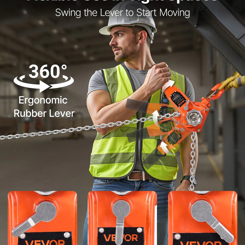 VEVOR manuālais sviras ķēdes pacēlājs, 0,75 t (750 kg) celtspēja, 1,5 m celšanas augstums, G80 sakausējuma tērauda ķēde ar dubultā suņa bremzi un 360° rotējošiem āķiem, piemērots noliktavām, būvniecībai un garāžām