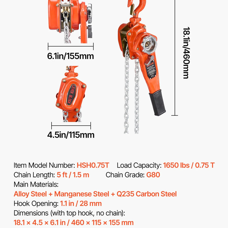 VEVOR manuālais sviras ķēdes pacēlājs, 0,75 t (750 kg) celtspēja, 1,5 m celšanas augstums, G80 sakausējuma tērauda ķēde ar dubultā suņa bremzi un 360° rotējošiem āķiem, piemērots noliktavām, būvniecībai un garāžām