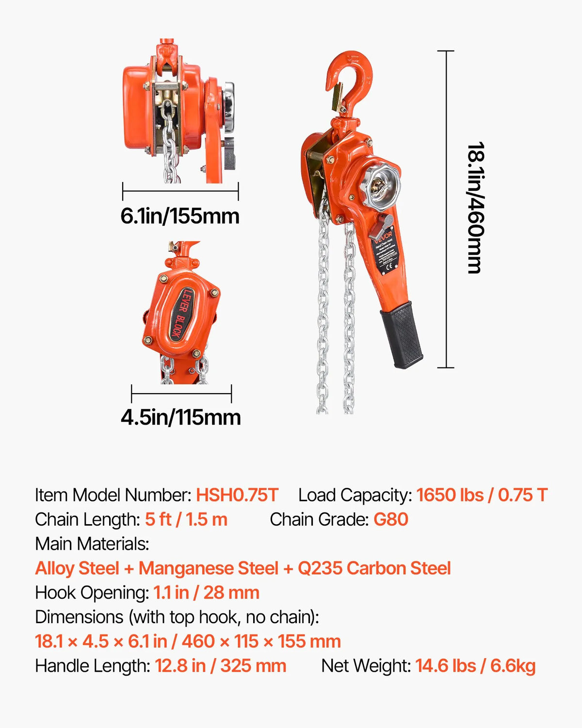 VEVOR Manual Lever Chain Hoist, 0.75 t (750 kg) Lifting Capacity, 1.5 m Lifting Height, G80 Alloy Steel Chain with Dual Dog Brake and 360° Swivel Hooks, Suitable for Warehouses, Construction and Garages