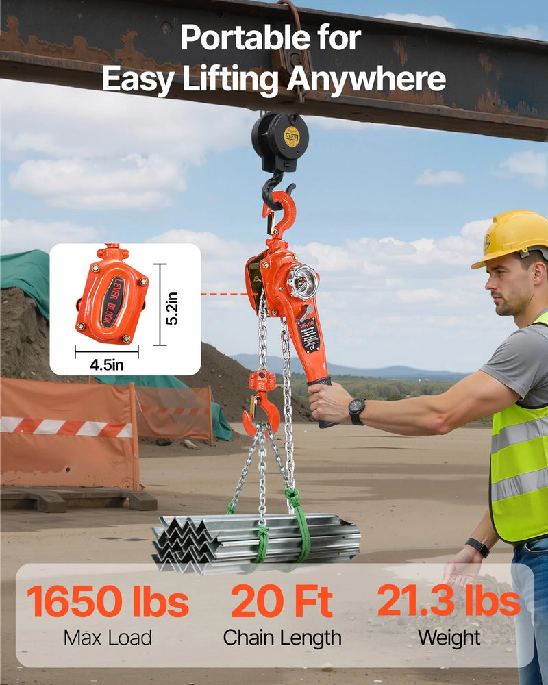 VEVOR rokas sviras ķēdes pacēlājs, 750 kg kravnesība, 6 m pacelšanas augstums, G80 sakausējuma tērauda ķēde ar dubultklikšķa mehānisko bremzi un 360° rotējošiem āķiem, paredzēts noliktavām, būvniecībai un garāžām