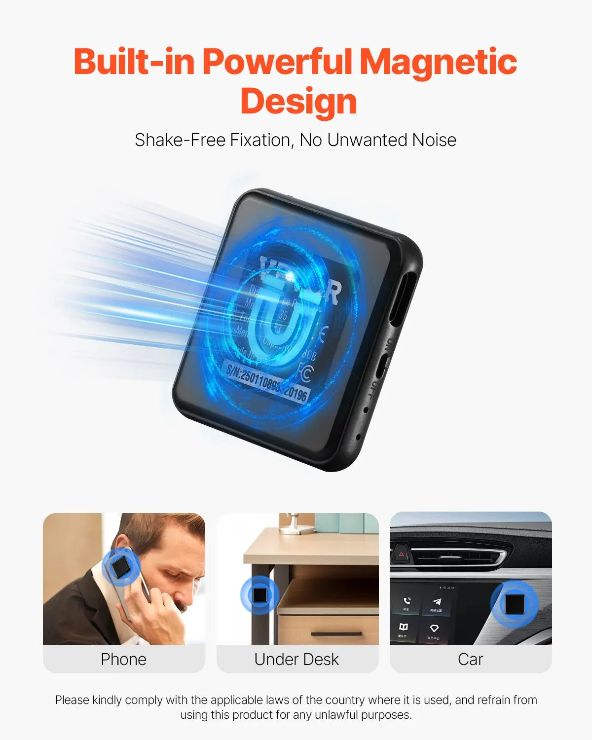 VEVOR Magnetic Voice Activated Recorder, 128 GB, Digital Audio Recorder with Playback, 8730 Hours Recording Capacity, 100 Hours Battery Life, USB-C Audio Recorder MP3 Format for Lectures, Meetings and Interviews