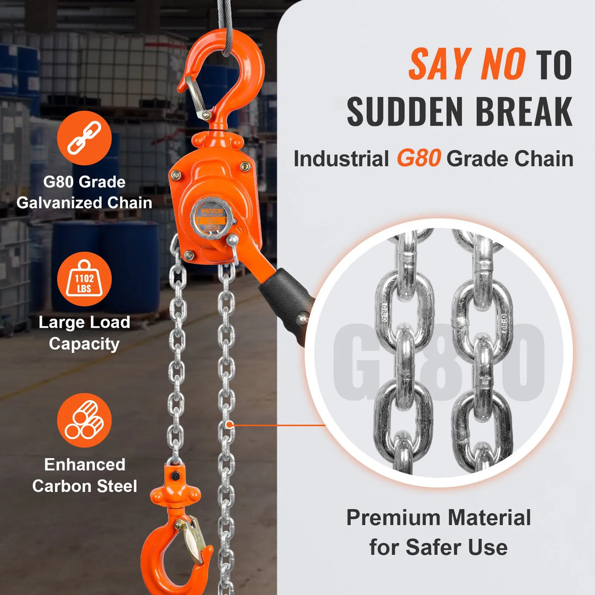 VEVOR Manual Lever Chain Hoist, 0.5 t (499.5 kg) Lifting Capacity, 3.05 m Lifting Height, G80 Galvanised Carbon Steel Construction with Weston Dual Dog Brake, Automatic Chain Feed and 360° Swivel Hook, Suitable for Garages, Factories and Docks