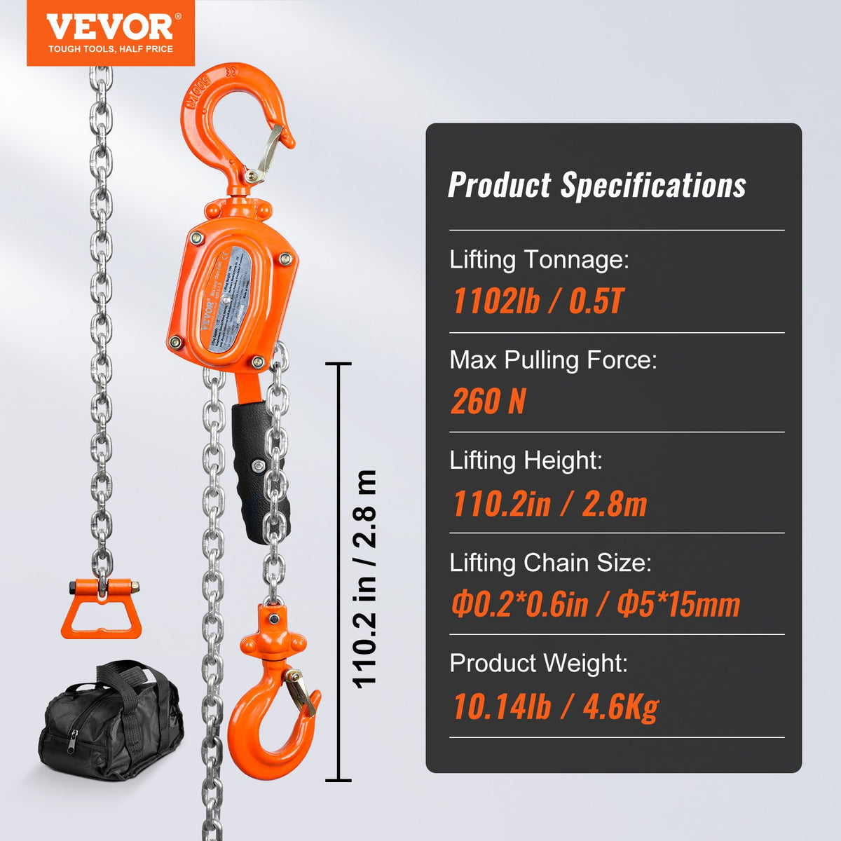 VEVOR Manual Lever Chain Hoist, 0.5 t (499.5 kg) Lifting Capacity, 3.05 m Lifting Height, G80 Galvanised Carbon Steel Construction with Weston Dual Dog Brake, Automatic Chain Feed and 360° Swivel Hook, Suitable for Garages, Factories and Docks