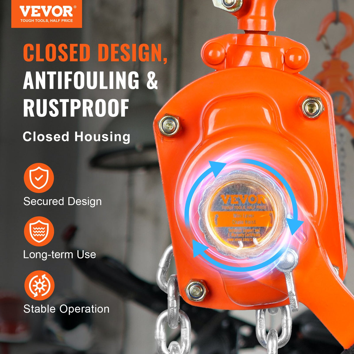 VEVOR Manual Lever Chain Hoist, 0.5 Tonne (499.5 kg) Lifting Capacity, 1.5 m Lifting Height, G80 Galvanised Carbon Steel with Weston Dual Dog Brake, Automatic Chain Feed and 360° Swivel Hook, Suitable for Garages, Factories and Docks