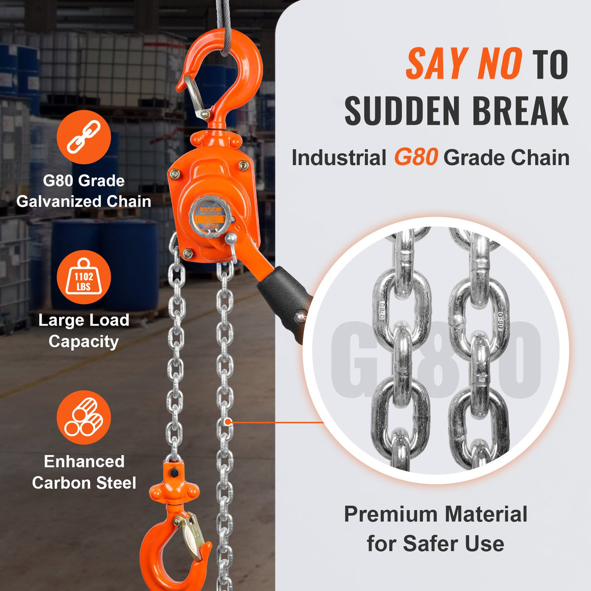 VEVOR Manual Lever Chain Hoist, 0.5 Tonne (499.5 kg) Lifting Capacity, 1.5 m Lifting Height, G80 Galvanised Carbon Steel with Weston Dual Dog Brake, Automatic Chain Feed and 360° Swivel Hook, Suitable for Garages, Factories and Docks