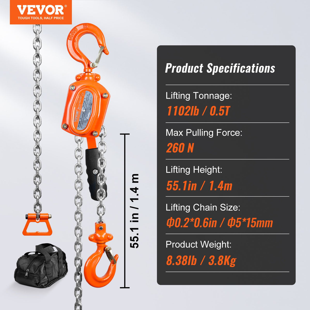 VEVOR Manual Lever Chain Hoist, 0.5 Tonne (499.5 kg) Lifting Capacity, 1.5 m Lifting Height, G80 Galvanised Carbon Steel with Weston Dual Dog Brake, Automatic Chain Feed and 360° Swivel Hook, Suitable for Garages, Factories and Docks