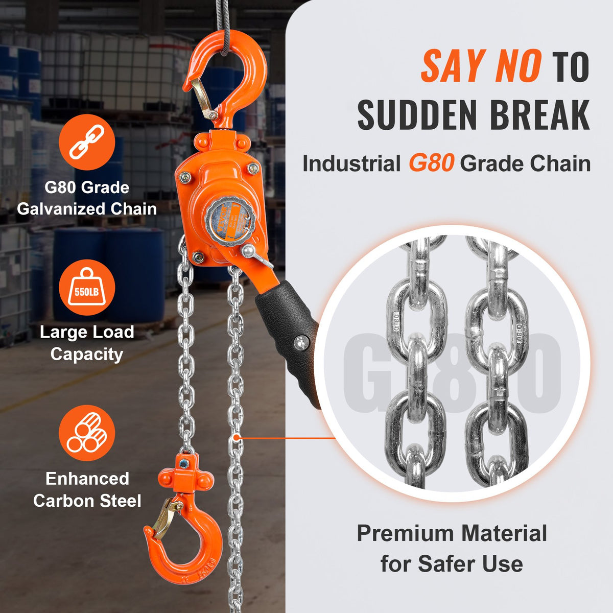 VEVOR Manual Lever Chain Hoist, 1/4 Tonne (250 kg) Lifting Capacity, 1.5 m Lifting Height, G80 Galvanised Carbon Steel with Weston Dual Dog Brake, Automatic Chain Feed and 360° Swivel Hook, Suitable for Garages, Factories and Docks