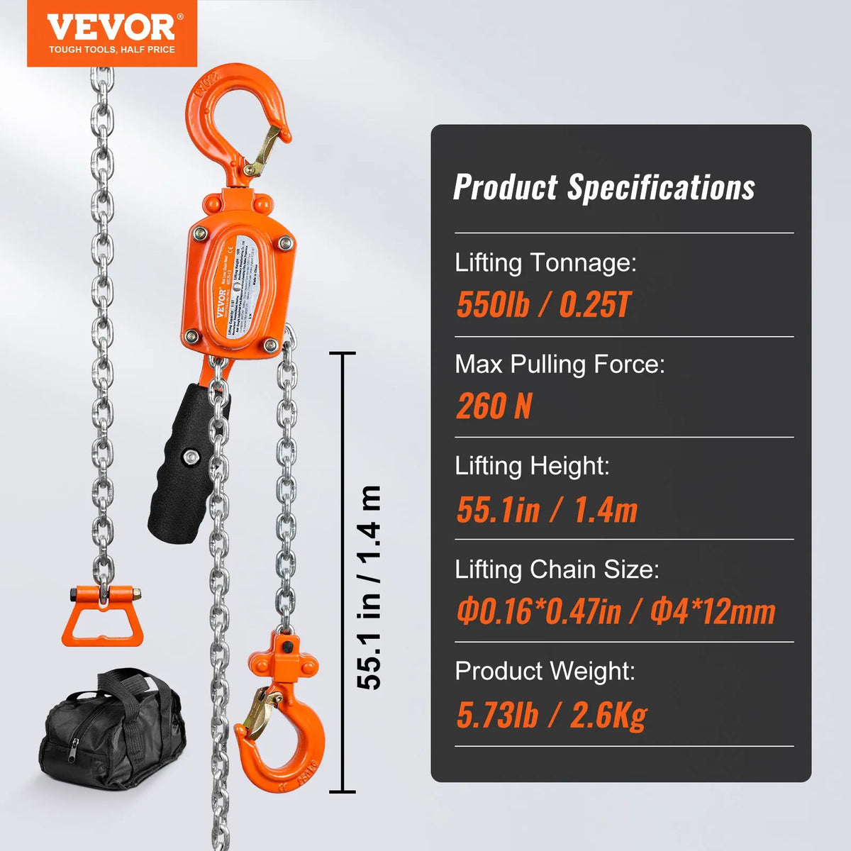 VEVOR Manual Lever Chain Hoist, 1/4 Tonne (250 kg) Lifting Capacity, 1.5 m Lifting Height, G80 Galvanised Carbon Steel with Weston Dual Dog Brake, Automatic Chain Feed and 360° Swivel Hook, Suitable for Garages, Factories and Docks