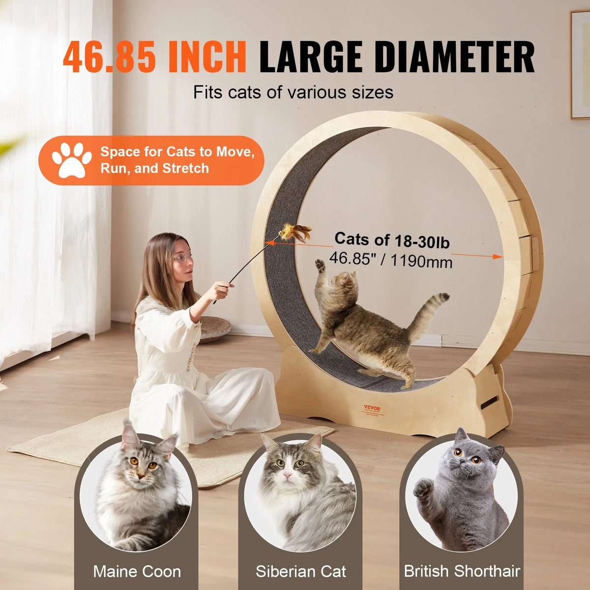 VEVOR Cat Exercise Wheel 132 cm, with Removable Mat and Toy