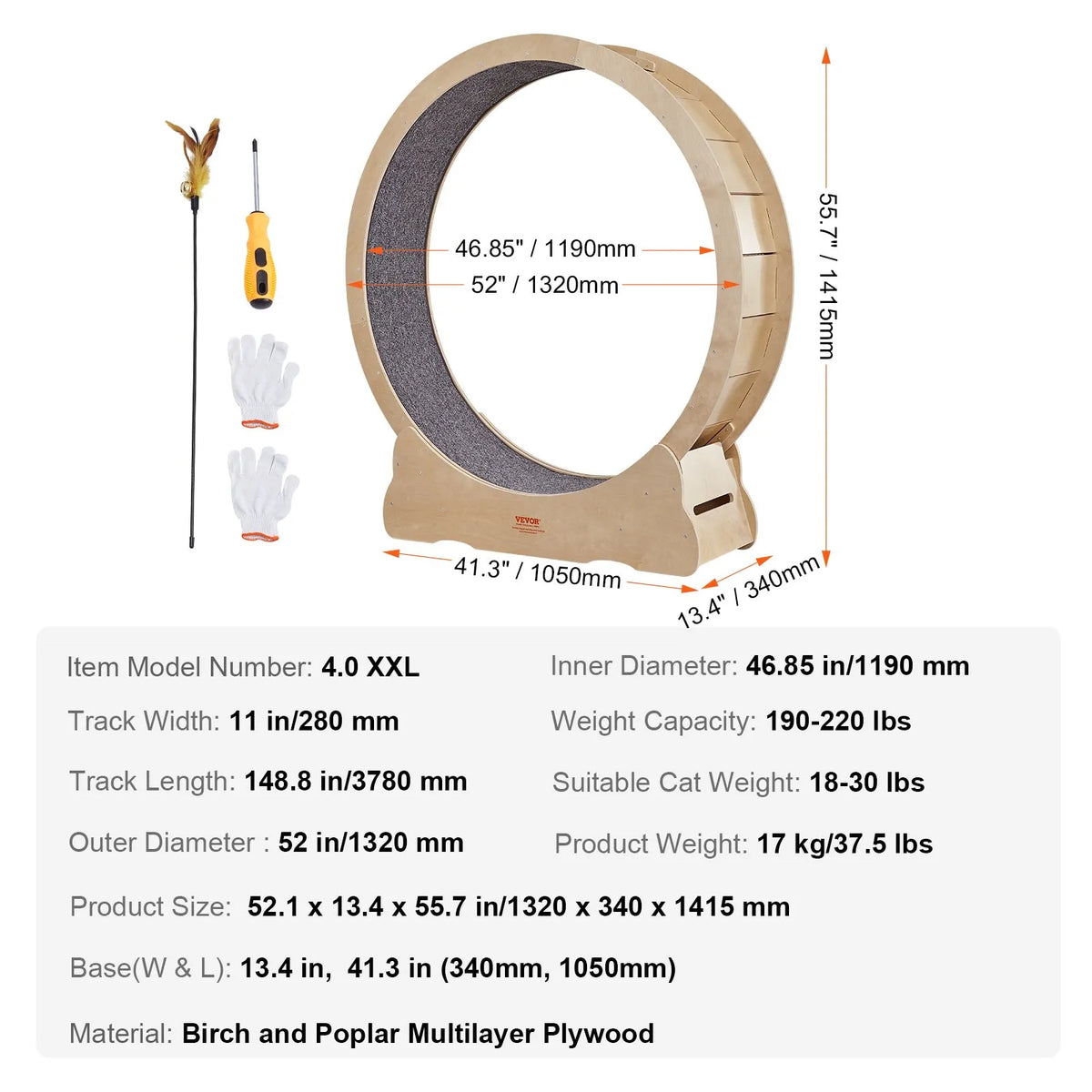 VEVOR Cat Exercise Wheel 132 cm, with Removable Mat and Toy