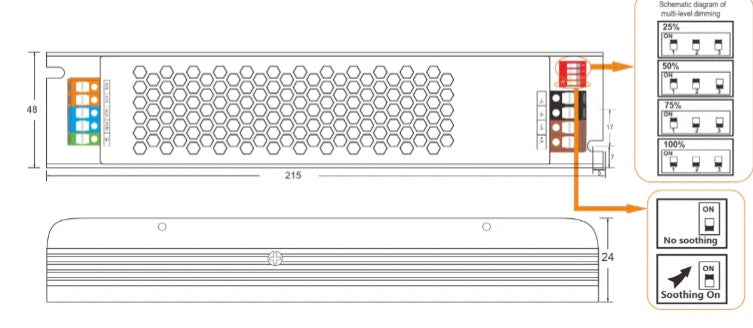 Priekš 5-8kW krāsniņām_bez kontaktdakšas_SLIM LED Barošanas bloks 200W 16.7A 12V, ūdensnedrošs IP20, metāla, kontrolējama dimmēšanas pakāpe