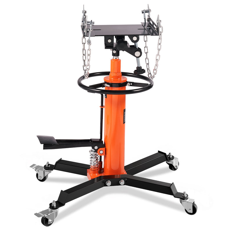 VEVOR hidrauliskais transmisijas pacēlājs, 600 kg teleskopiskais, 81-170 cm pacelšanas diapazons, grīdas pacēlājs ar kāju pedāli un 360° rotējošiem riteņiem.