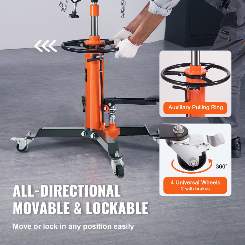 VEVOR hidrauliskais transmisijas pacēlājs, 600 kg teleskopiskais, 81-170 cm pacelšanas diapazons, grīdas pacēlājs ar kāju pedāli un 360° rotējošiem riteņiem.