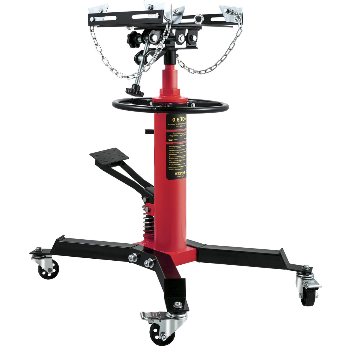 VEVOR Hydraulic Transmission Jack 0.6 t, Telescopic, with Foot Pedal and 360° Swivel Wheels, Two-Stage Floor Stand, Red