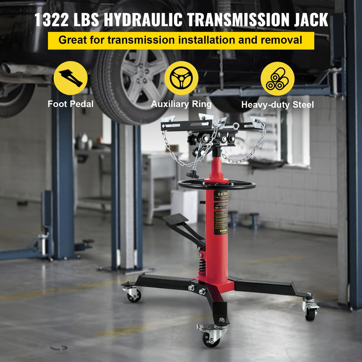 VEVOR Hydraulic Transmission Jack 0.6 t, Telescopic, with Foot Pedal and 360° Swivel Wheels, Two-Stage Floor Stand, Red