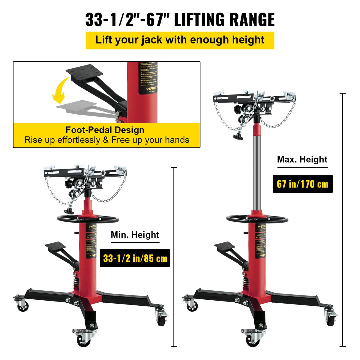 VEVOR Hydraulic Transmission Jack 0.6 t, Telescopic, with Foot Pedal and 360° Swivel Wheels, Two-Stage Floor Stand, Red