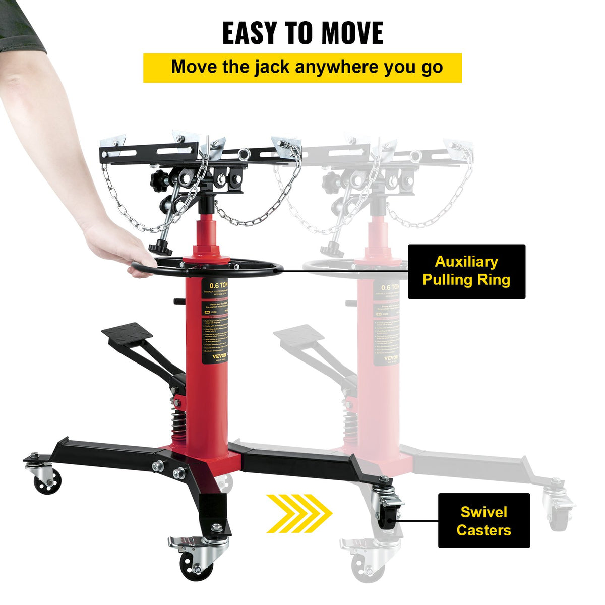 VEVOR Hydraulic Transmission Jack 0.6 t, Telescopic, with Foot Pedal and 360° Swivel Wheels, Two-Stage Floor Stand, Red