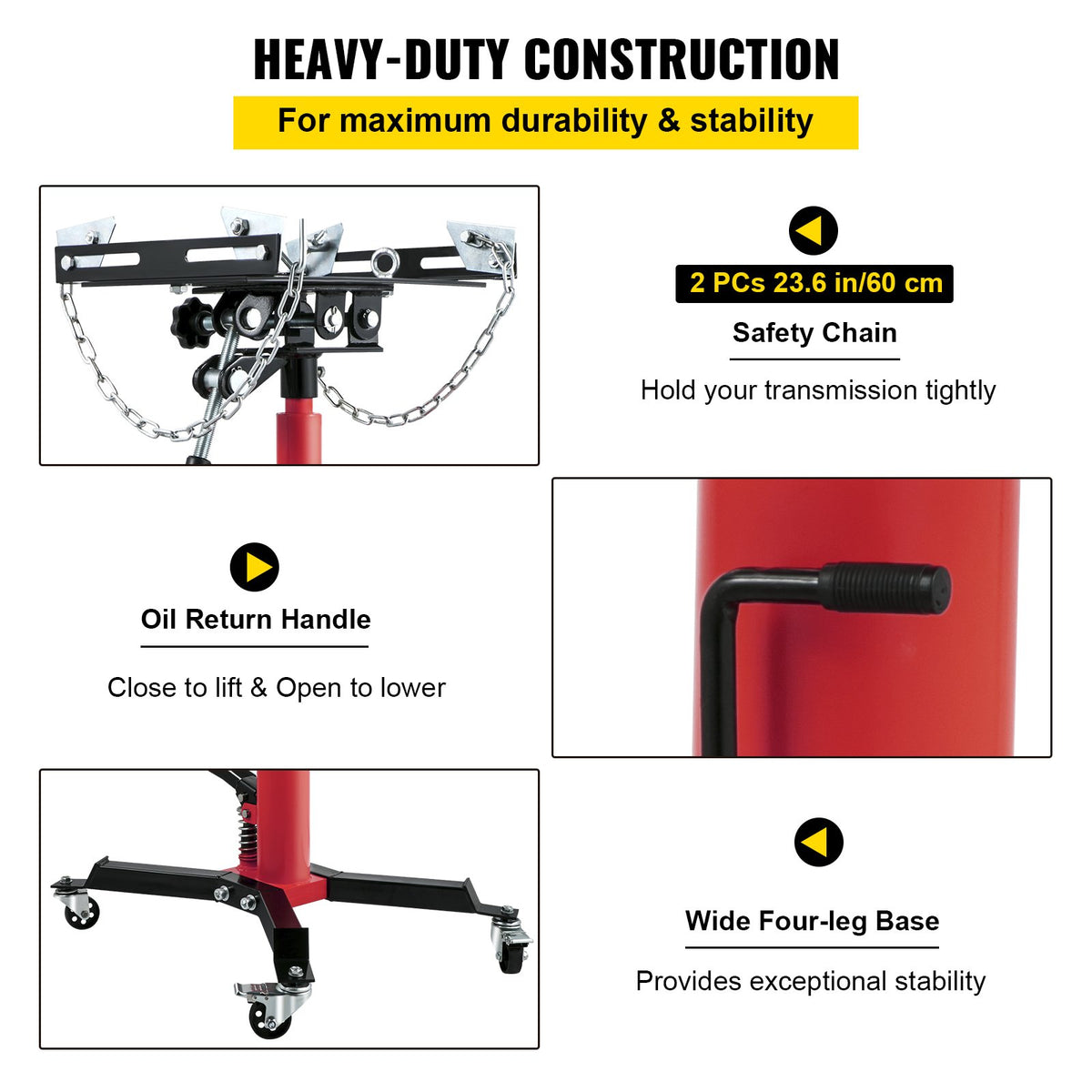 VEVOR Hydraulic Transmission Jack 0.6 t, Telescopic, with Foot Pedal and 360° Swivel Wheels, Two-Stage Floor Stand, Red