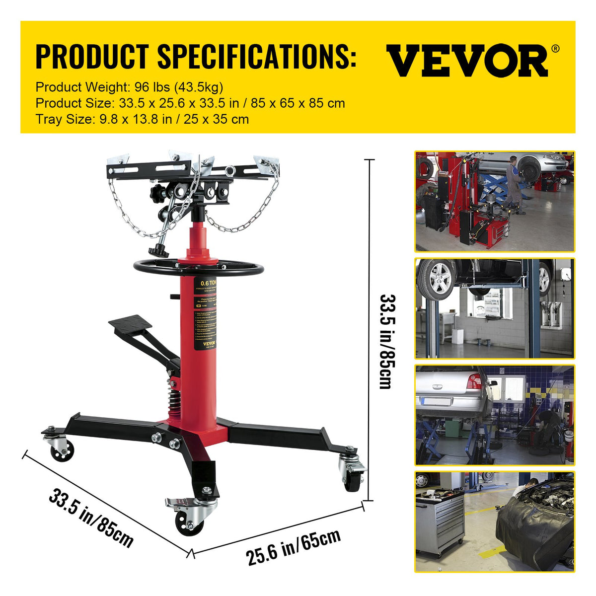 VEVOR Hydraulic Transmission Jack 0.6 t, Telescopic, with Foot Pedal and 360° Swivel Wheels, Two-Stage Floor Stand, Red