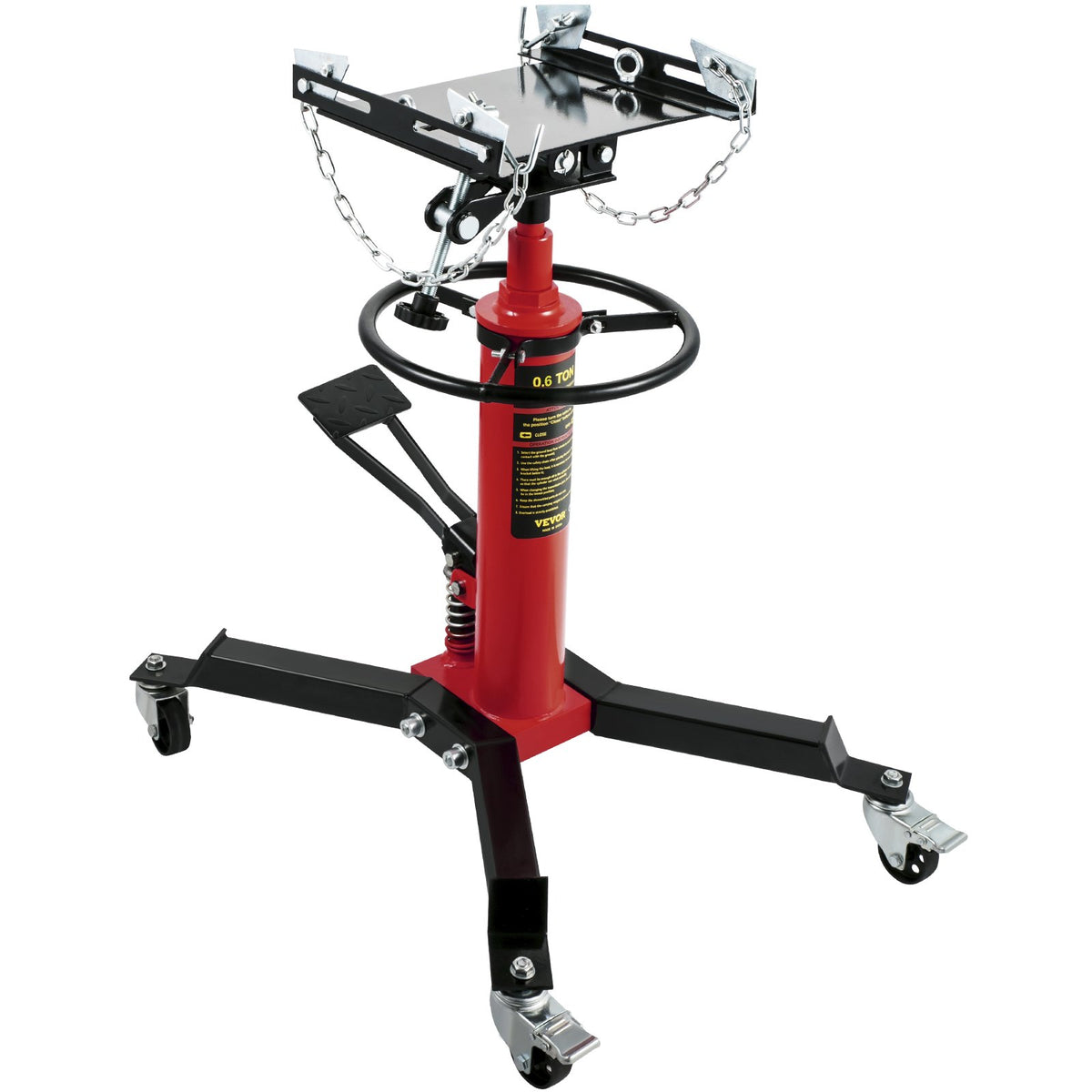 VEVOR Hydraulic Transmission Jack 0.6 t, Telescopic, with Foot Pedal and 360° Swivel Wheels, Two-Stage Floor Stand, Red