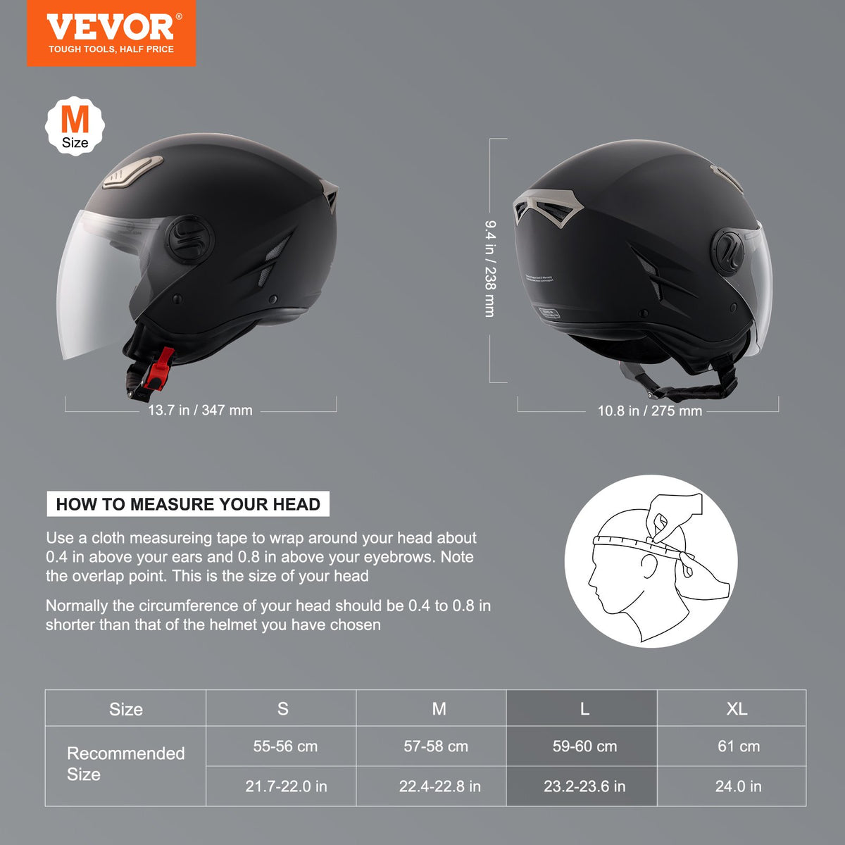 VEVOR 3/4-Face Motorcycle Helmet – Motocross Helmet with Bluetooth Headset Slot