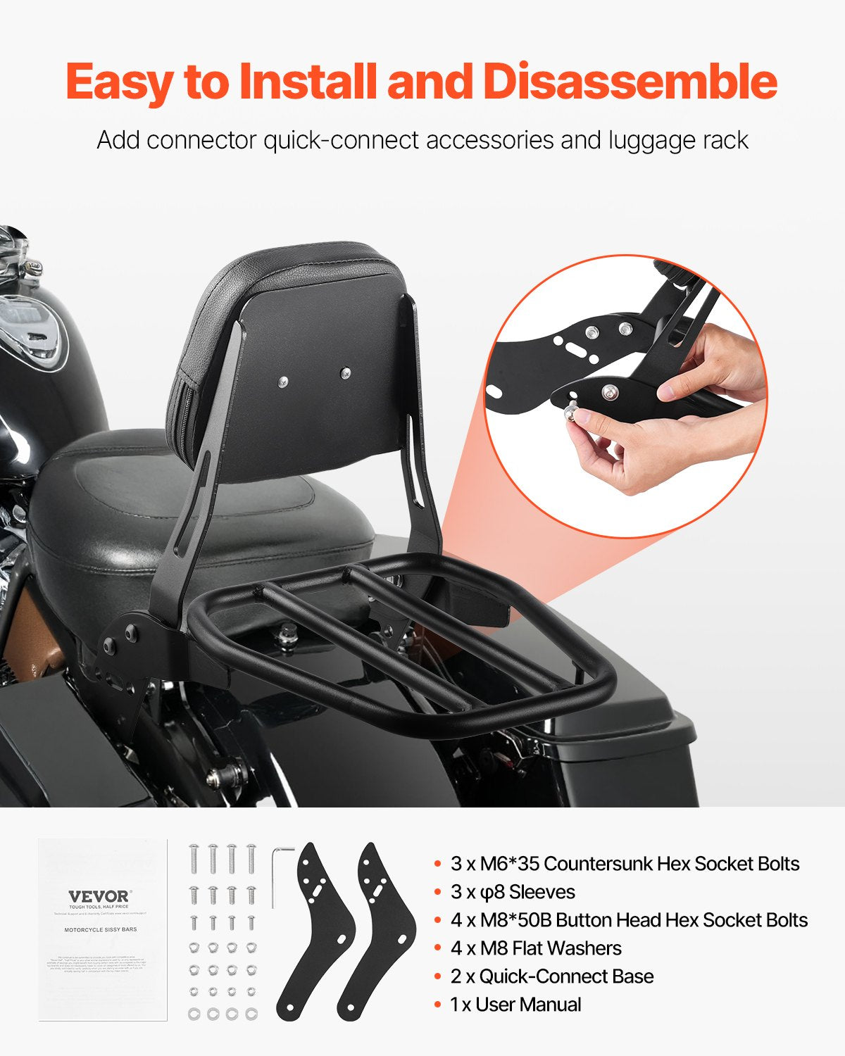 VEVOR Motorcycle Backrest with Luggage Rack for Honda Rebel 2017–2022